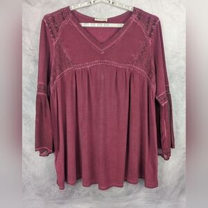 Ruff Hewn 3X Burgundy Blouse Peasant/Boho Sheer Cuffs